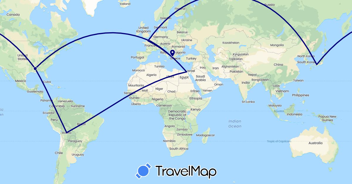 TravelMap itinerary: driving in Bolivia, Egypt, France, Greece, Japan, United States (Africa, Asia, Europe, North America, South America)